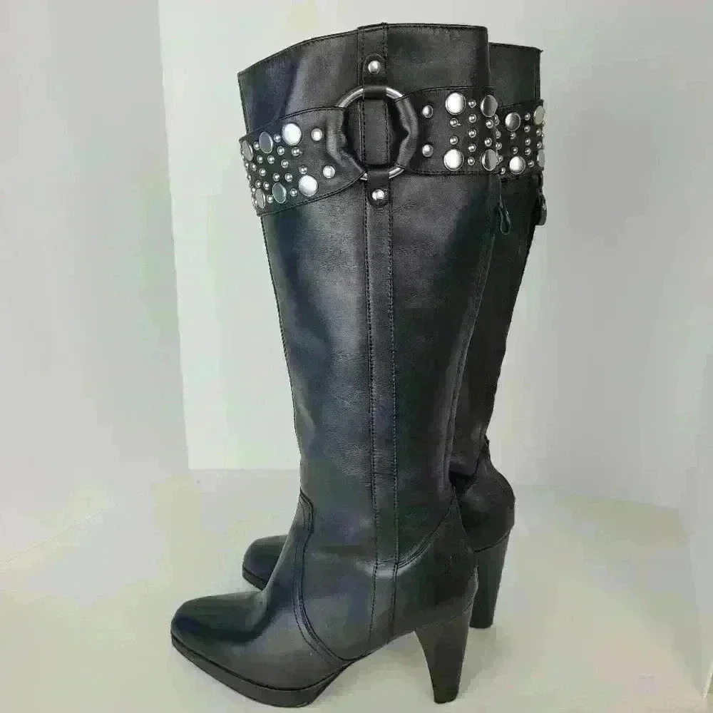 Frye Black Katie Heel Leather Tall Heels Pointed Toe Studded Band Sz 6.5M - Picture 5 of 16
